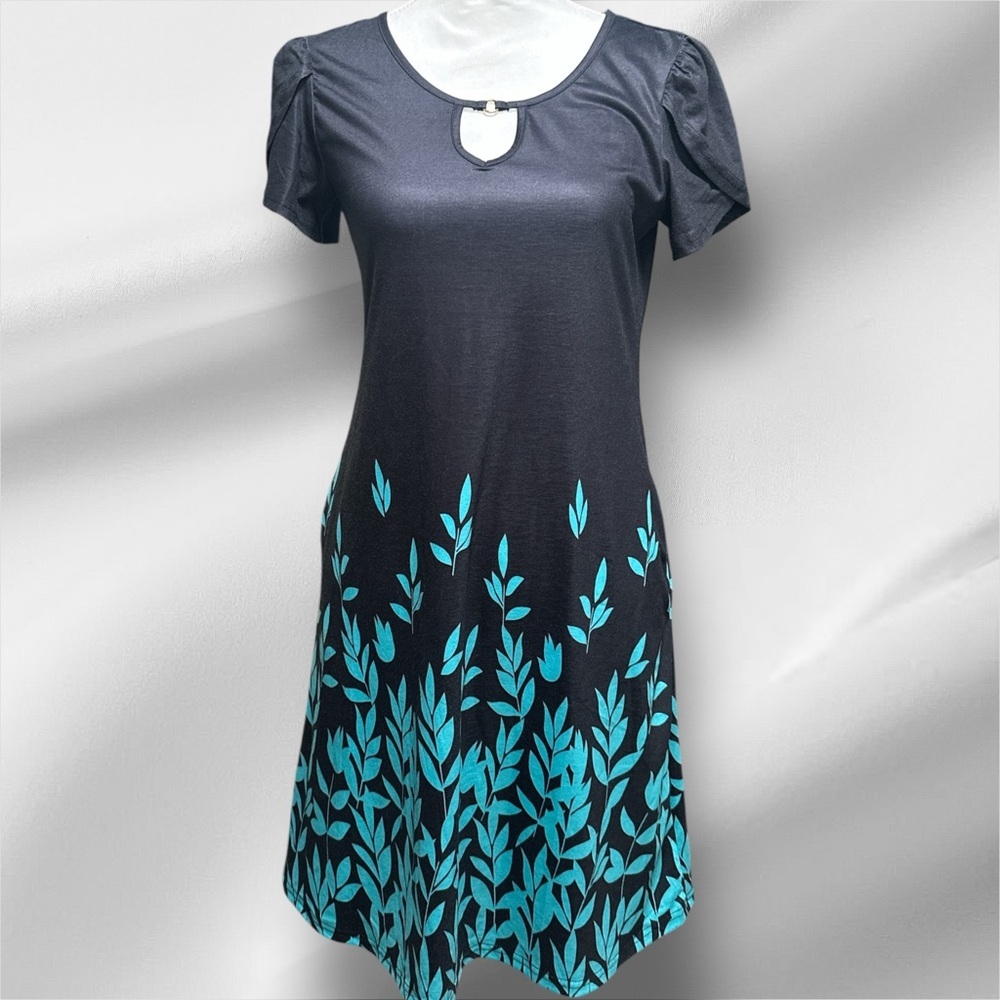 NWT Chic Black Dress with Teal Leaf Design‎